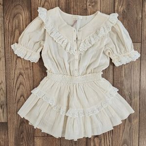 NWT LSF Nanette Ruffle Eyelet Cream Striped Short Mini Dress 100% Cotton V Neck